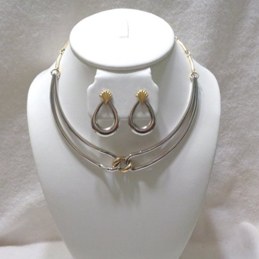 Shiny Silver-tone & Gold-tone Necklace & Pierced Earrings Set